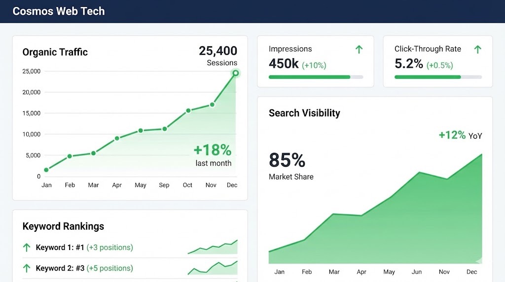 SEO analytics dashboard showing organic traffic growth, impressions, click-through rate, and keyword rankings